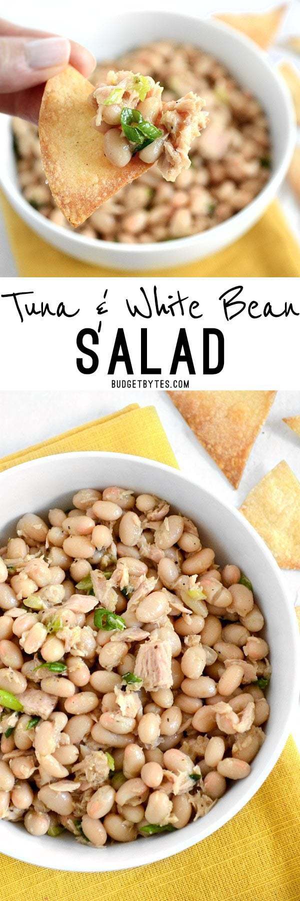 This Tuna and White Bean salad is mayo-free, but big on flavor. Whip up this salad in minutes to satisfy your hunger and tastebuds. BudgetBytes.com