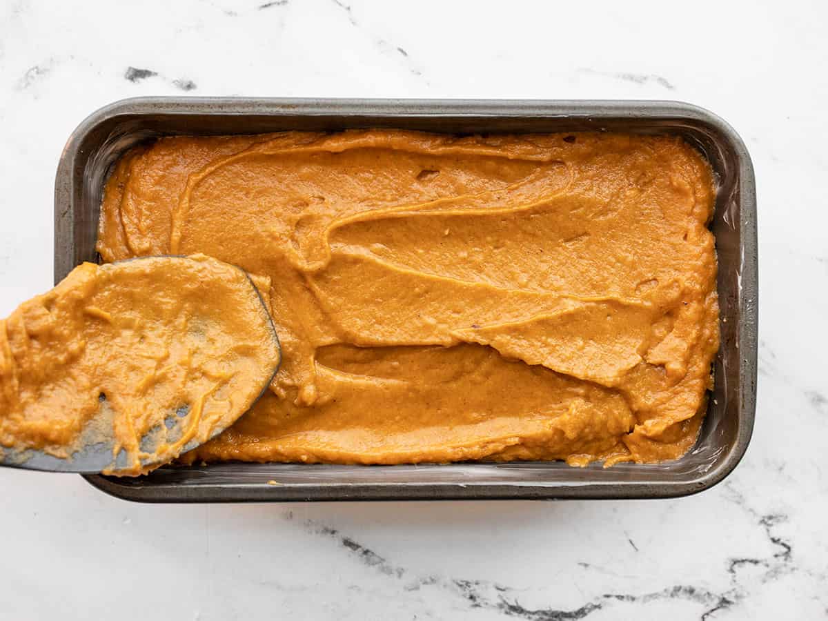 Pumpkin bread batter in the loaf pan