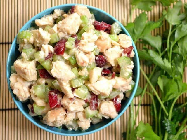 Honey mustard chicken salad in a bowl.