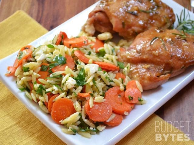 Carrot & Orzo Salad, paired with chicken, on plate 