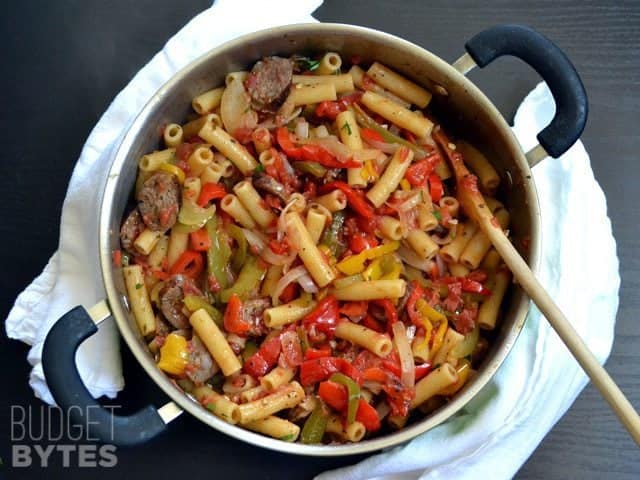 Top view of Sausage & Pepper Pasta in skillet 