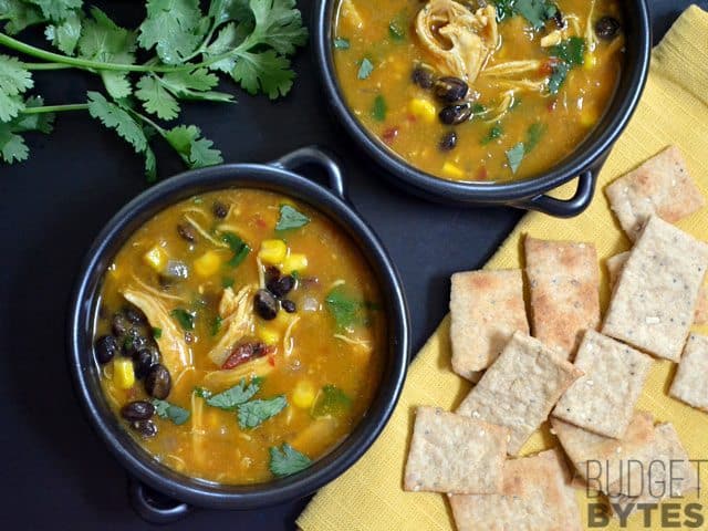 Creamy chicken pumpkin soup in a bowl.