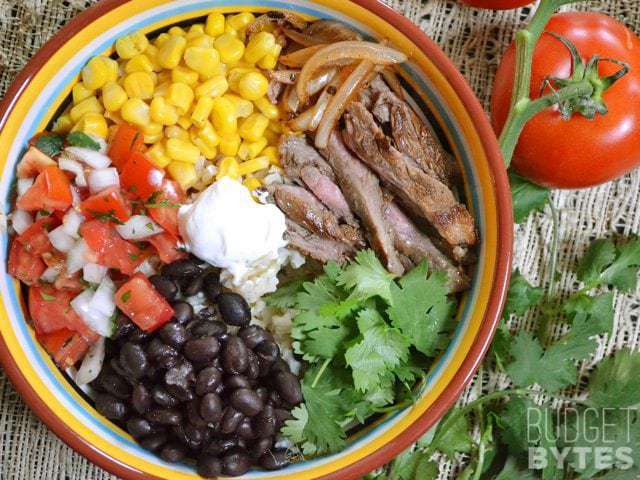 Southwest steak bowl with rice and veggies.