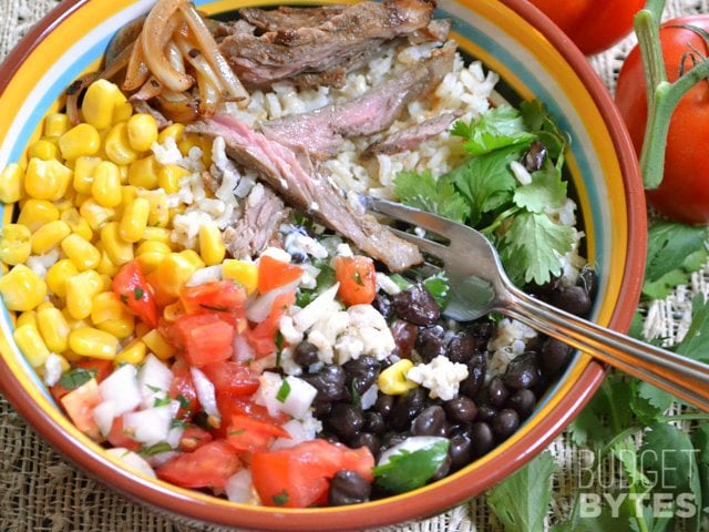 Fork in bowl of Southwest Steak Bowl