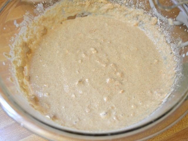 Milk added to ingredients in mixing bowl 