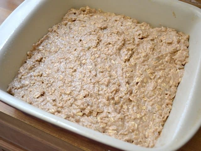 Batter poured into square casserole dish 