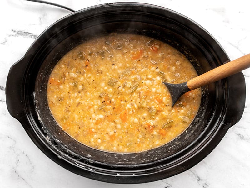 Smashed beans made soup thick in the slow cooker.