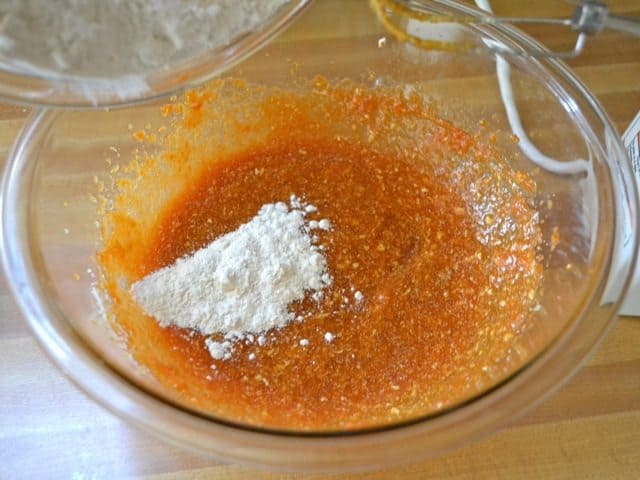 Dry Ingredients added to wet ingredients in mixing bowl 