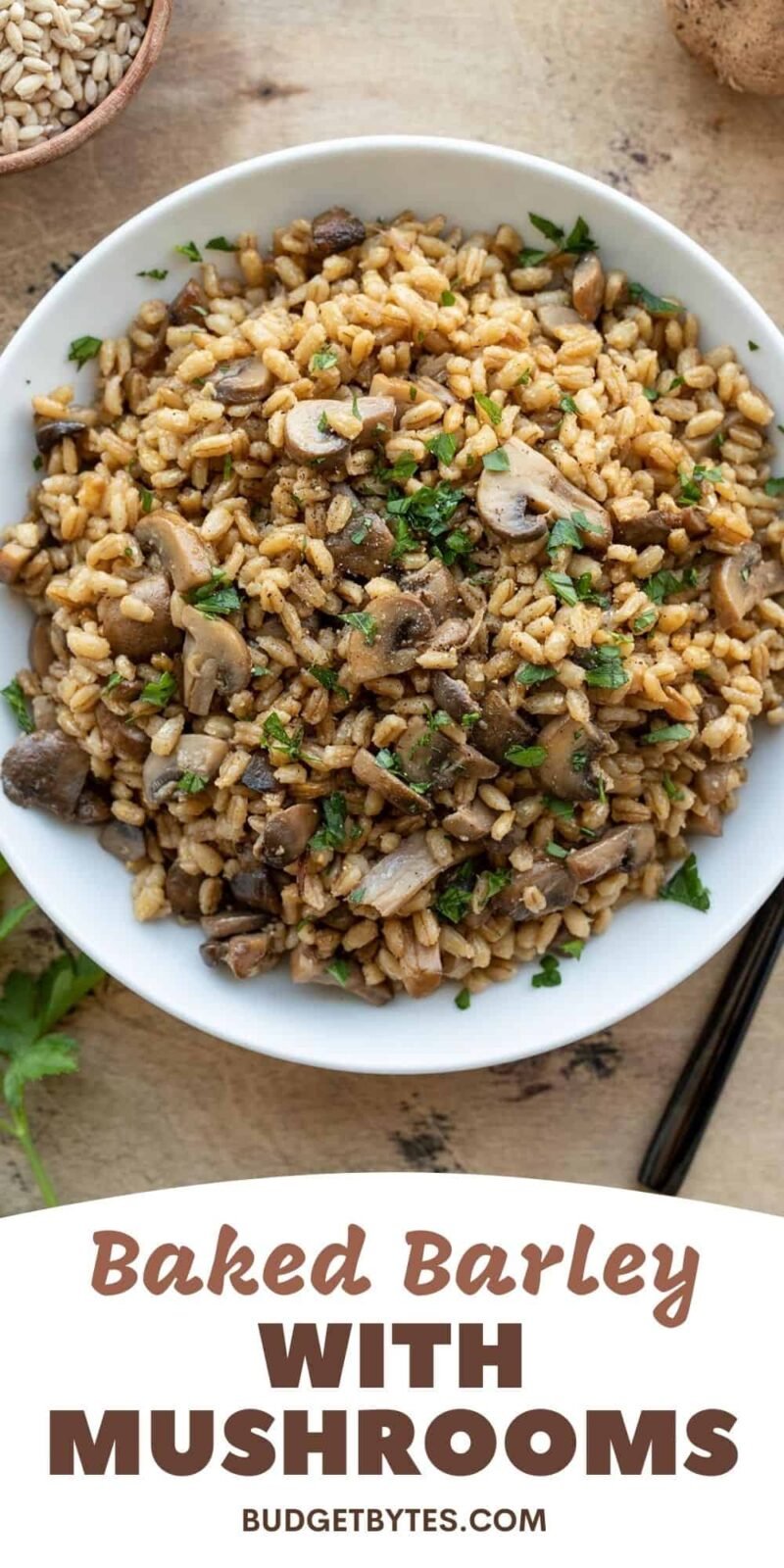 Baked barley in a bowl, topped with parsley. Title text at the bottom