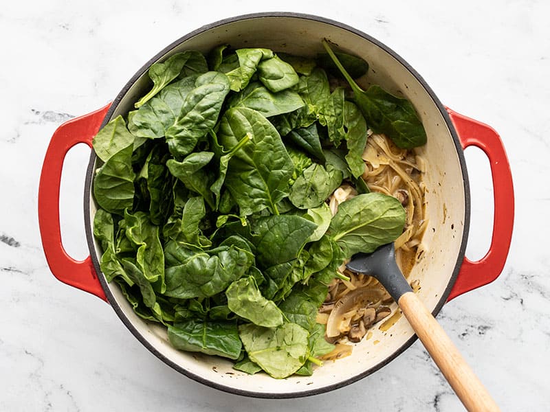 Fresh spinach added to the one pot pasta