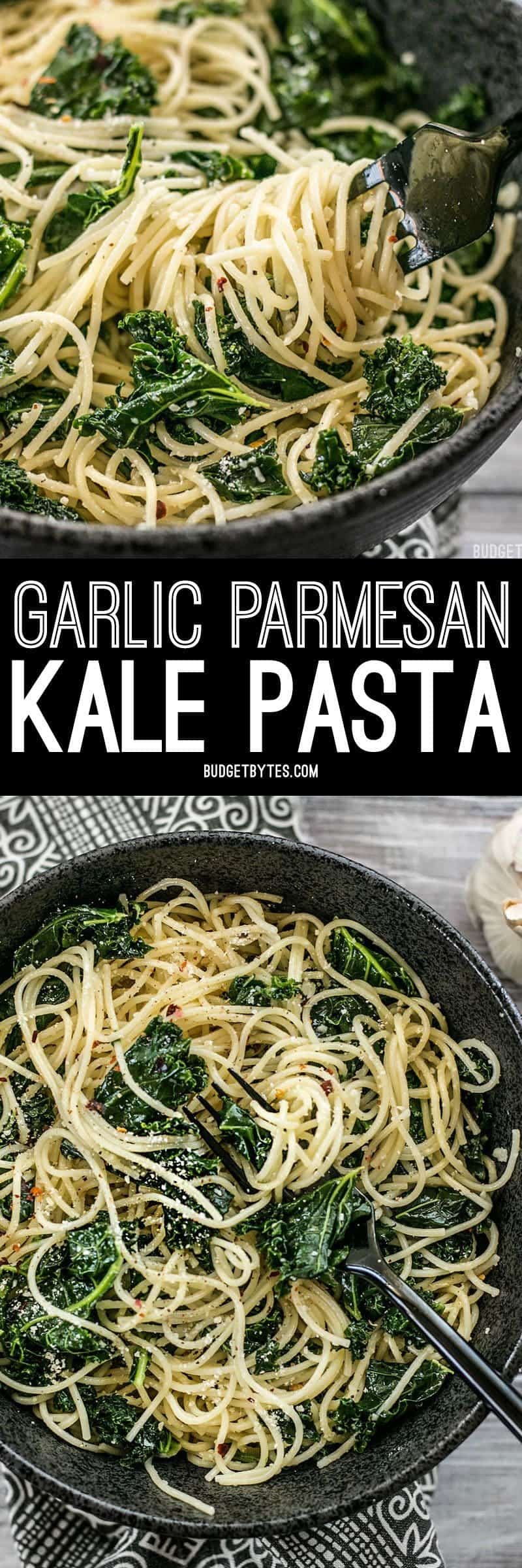 When you're in a hurry, this Garlic Parmesan Kale Pasta is a filling and flavorful meal. Few ingredients, BIG flavor. BudgetBytes.com