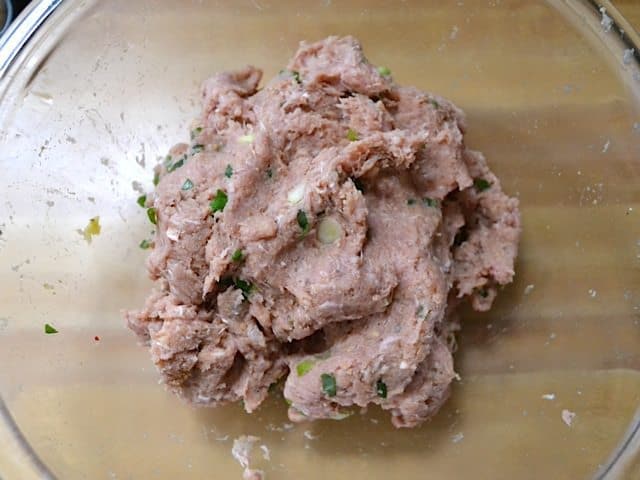 Meatball ingredients mixed together well in mixing bowl 