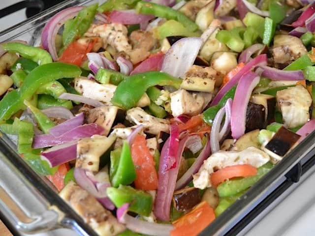 cooked veggies in baking dish 