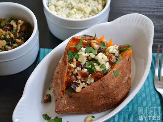 Close up of a Date & Gorgonzola Stuffed Sweet Potato