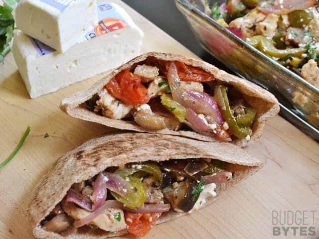 Close up of two halves of a Greek Stuffed Pita