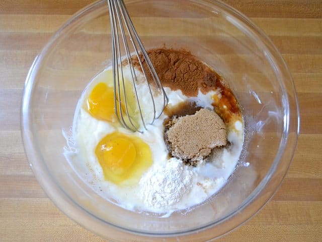 Wet Ingredients in mixing bowl with whisk 