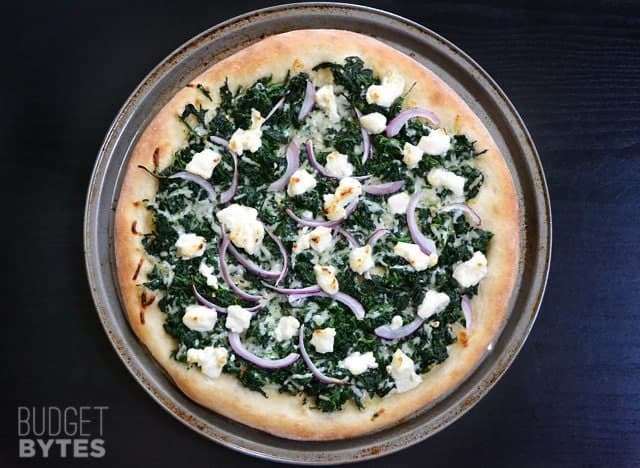 Top view of a baked Easy White Spinach Pizza