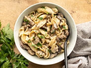 Overhead view of a bowl full of beef and mushroom stroganoff