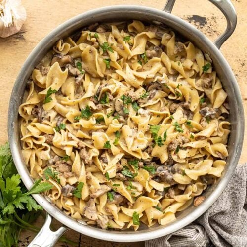 Overhead view of a pan full of beef and mushroom stroganoff