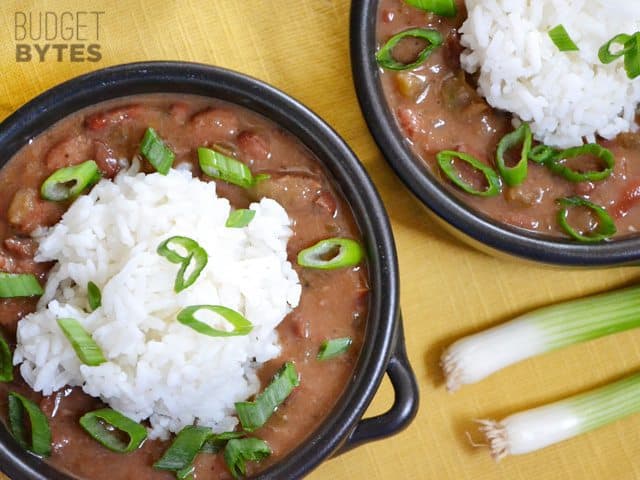 A close-up of veggie red beans and rice in a bowl.