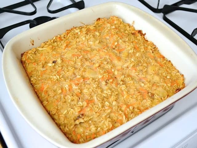 Baked Oatmeal in casserole dish on stove top 