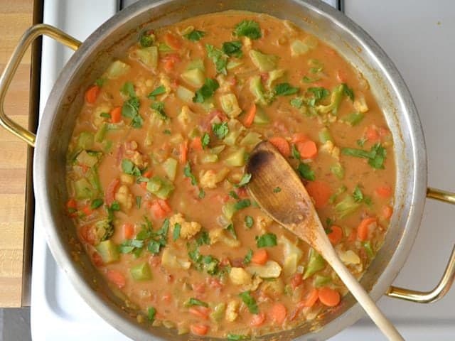 Top view of a pot of Finished Vegetable Coconut Curry