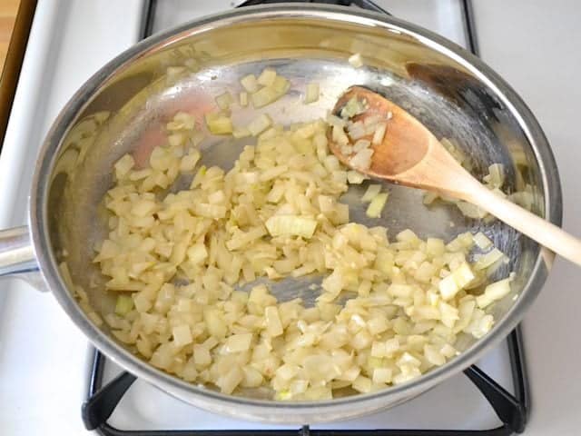 Cooked and Soft Onions in skillet 