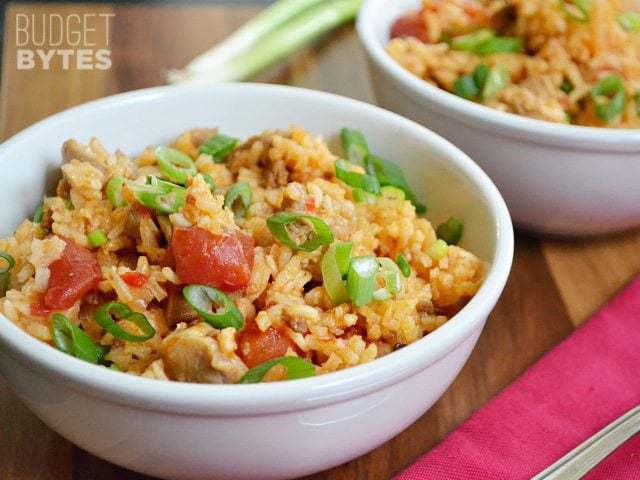 Side view of a bowl of Chorizo Chicken Jambalaya