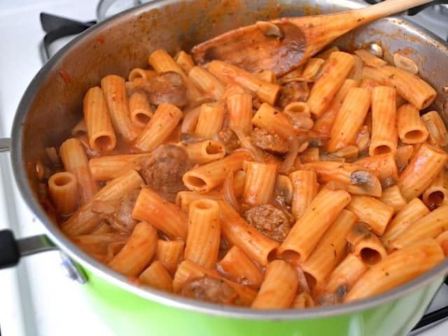 Cooked Pasta dish in pot on stove top 