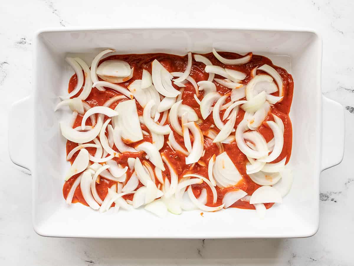 onion and marinara in the casserole dish