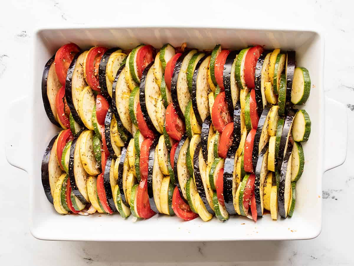 Layered vegetables in the casserole dish