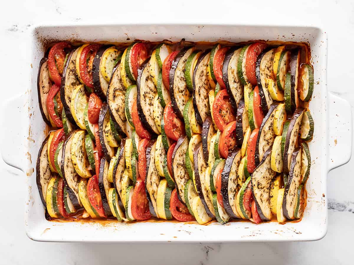 Roasted ratatouille in the casserole dish