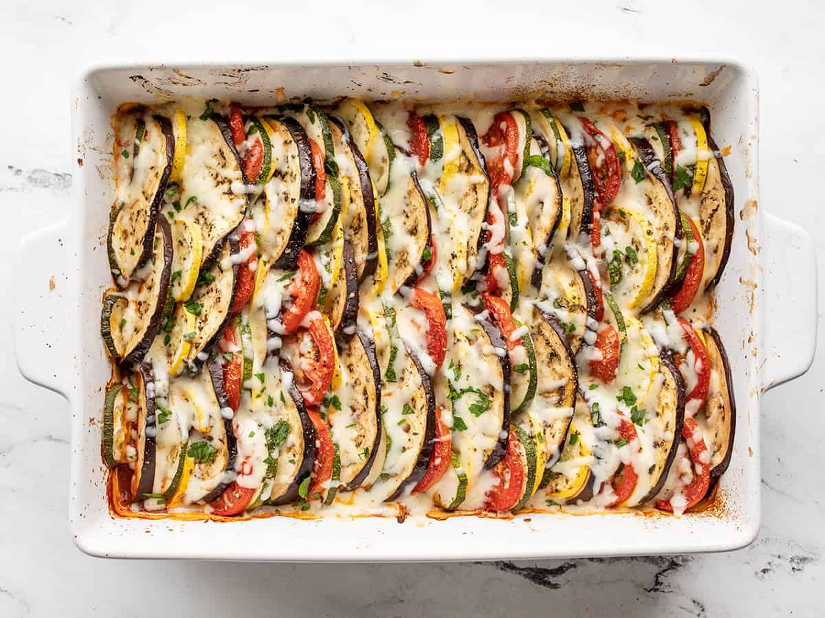 Melted cheese on oven roasted ratatouille