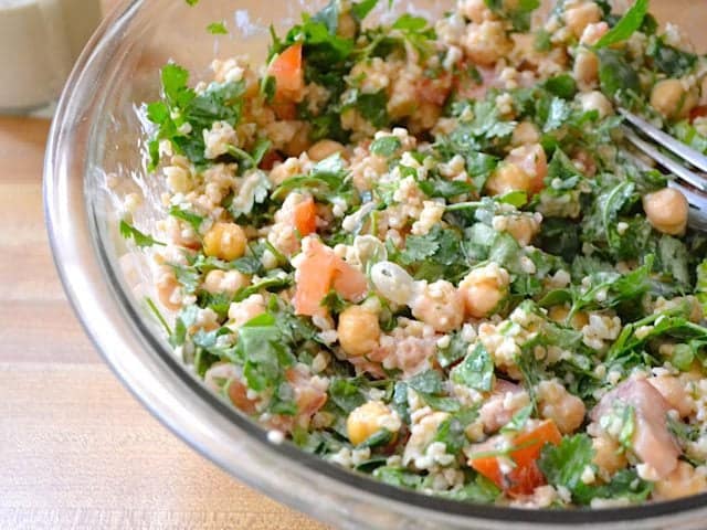 Finished Falafel Salad in mixing bowl