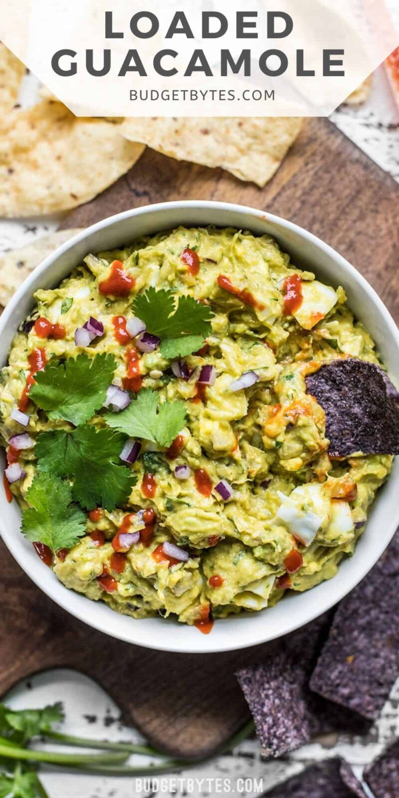 overhead view of a bowl of loaded guacamole with title text at the top.