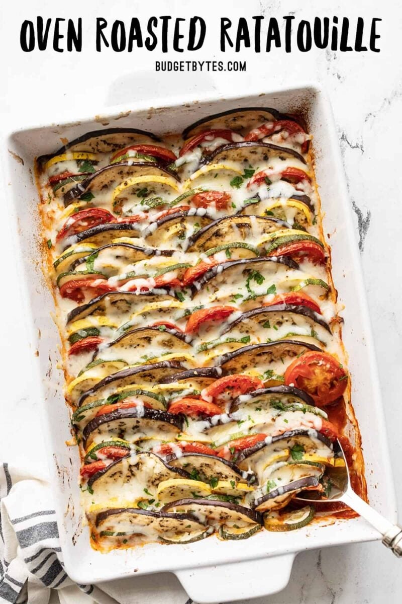 Ratatouille in a white rectangular casserole dish, title text at the top