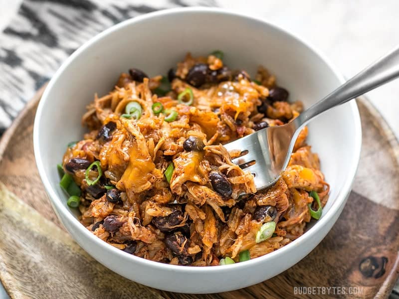 Bowl of southwest chicken skillet with fork in it 