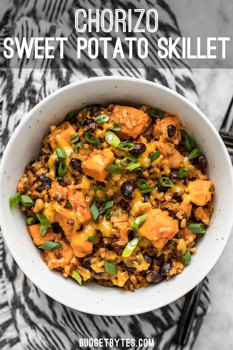 It only takes one skillet and a few ingredients to make this incredibly flavorful and filling Chorizo Sweet Potato Skillet. BudgetBytes.com