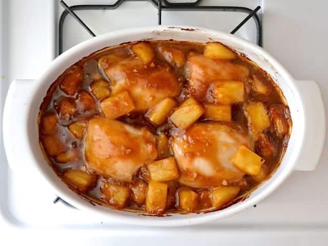 Cooked Pineapple Teriyaki Chicken Thighs on stove top 