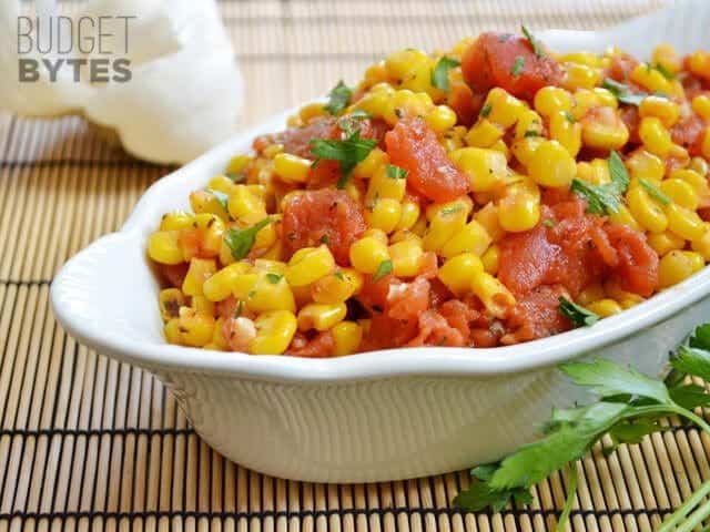 Close up of a dish of Sautéed Corn and Tomatoes