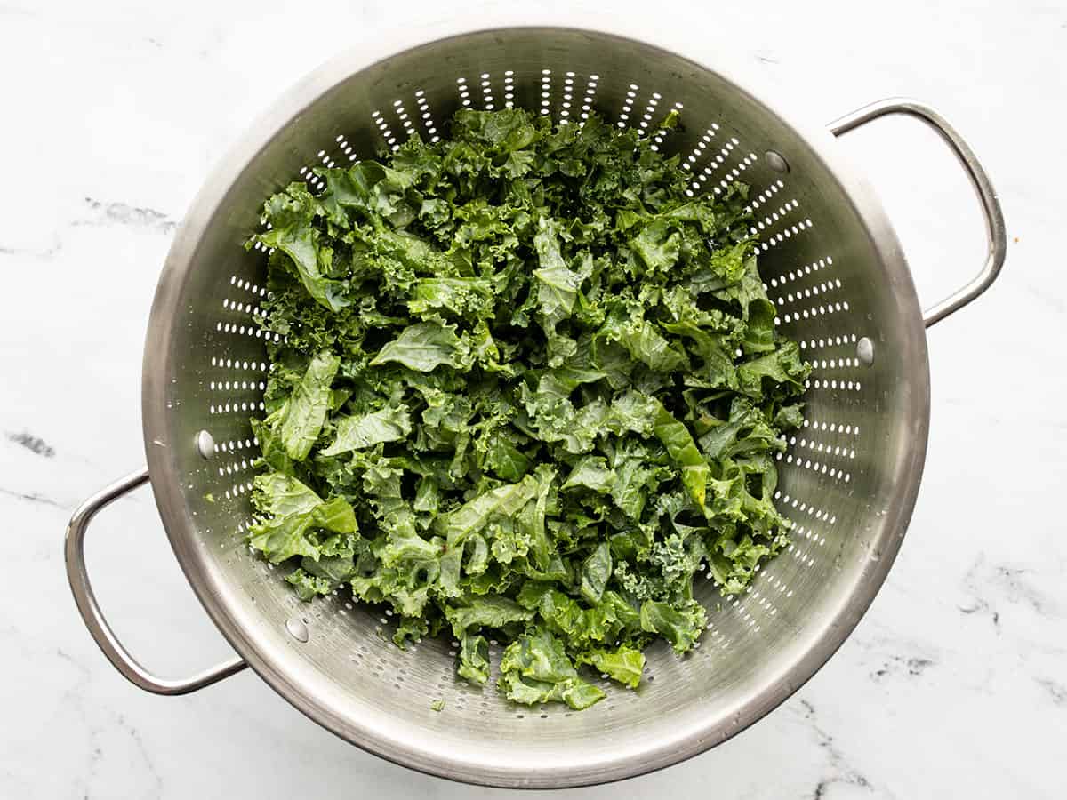 Washed kale in a colander