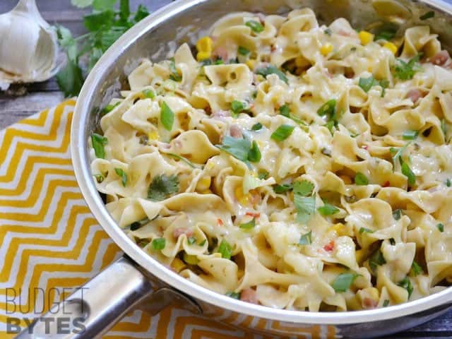 Close up of a skillet of Creamy Vegetarian Enchilada Pasta