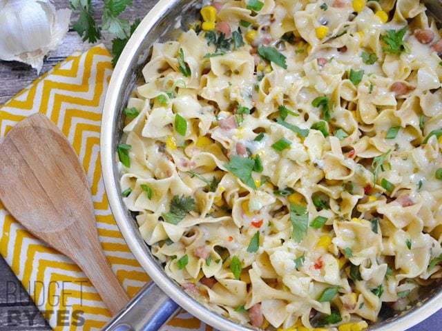 A bowl of creamy vegetarian enchilada pasta.