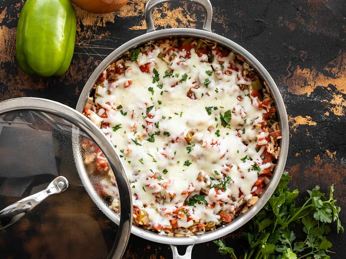 Unstuffed Bell Peppers skillet with lid on the side