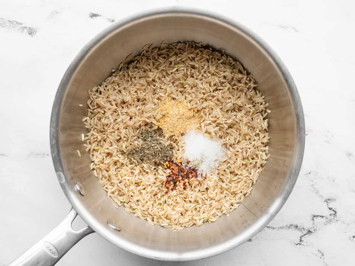 Rice and seasonings in a pot