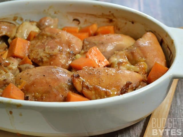 Close up of Soy Dijon Chicken Thighs with Sweet Potatoes