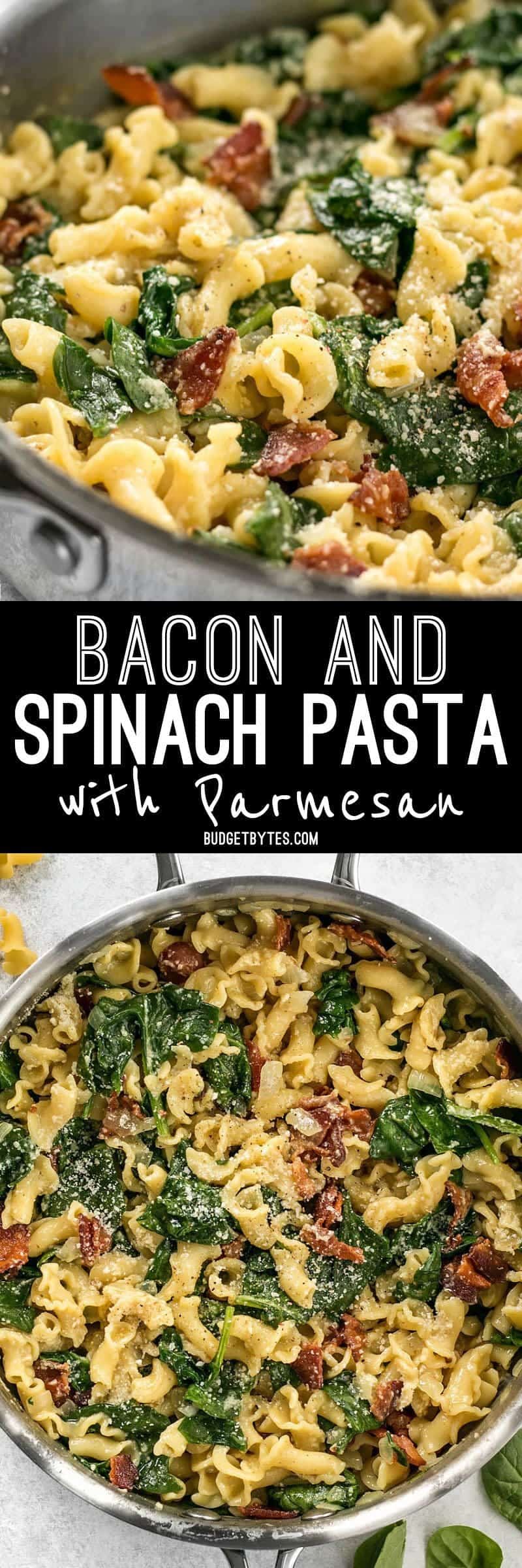 Bacon and Spinach Pasta with Parmesan is a quick and flavorful weeknight dinner that only requires a few ingredients. BudgetBytes.com