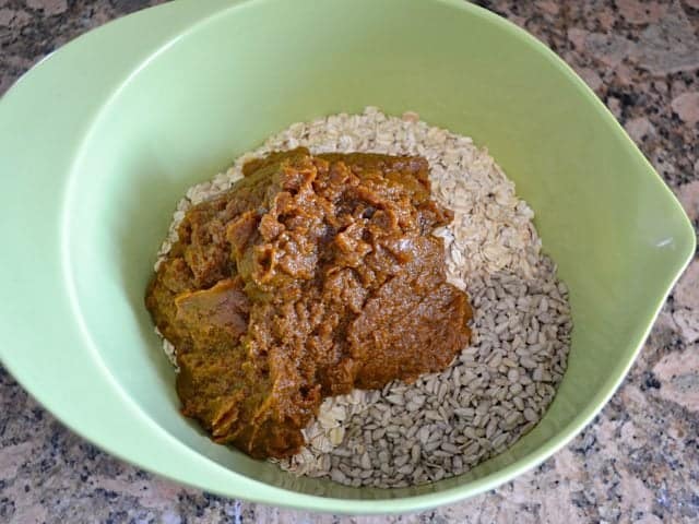 Pumpkin Mixture, Oats and Sunflower Seeds in mixing bowl 