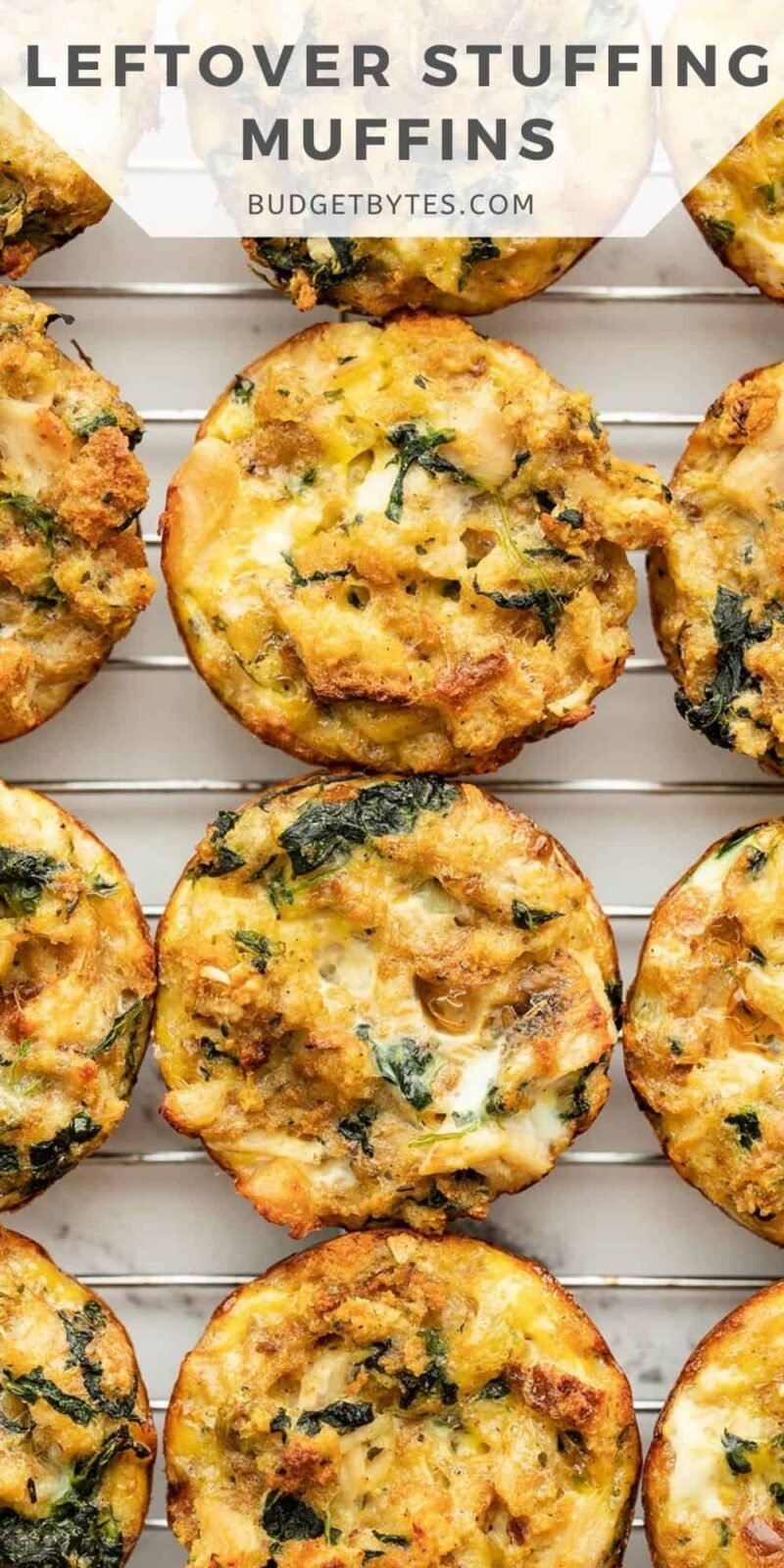 Close up of stuffing muffins on a cooling rack, title text at the top