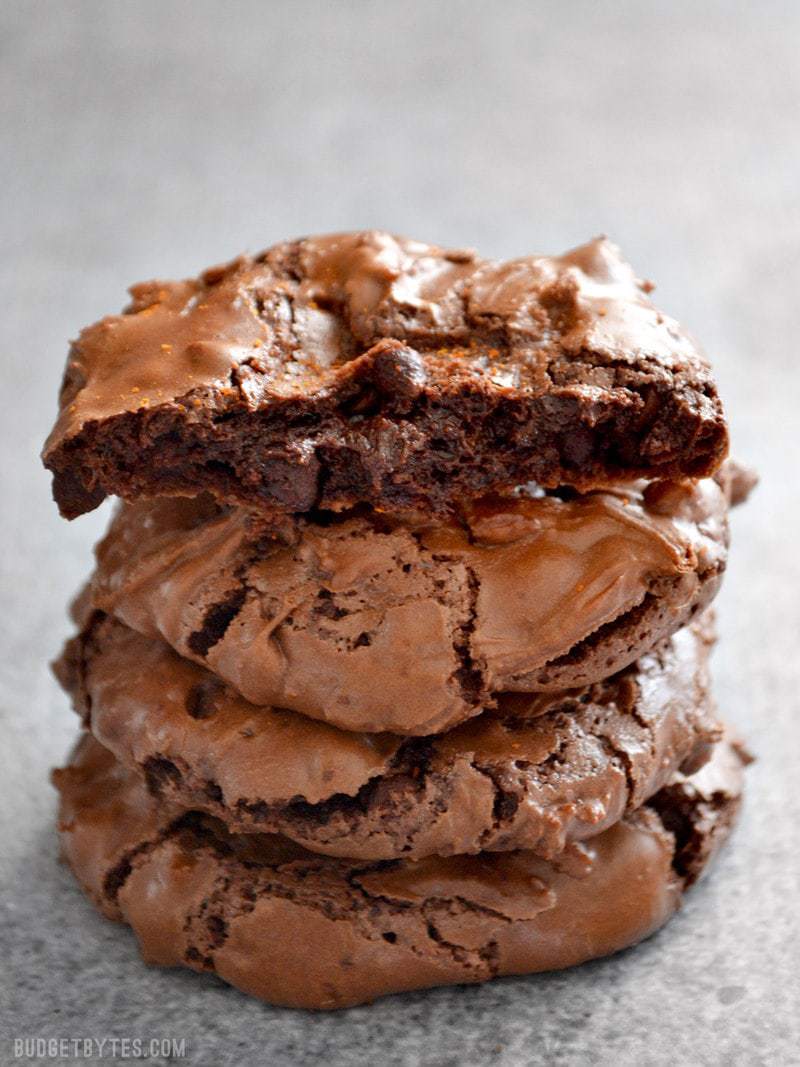 Close up of a stack of Chocolate Cayenne Crinkles on counter top 